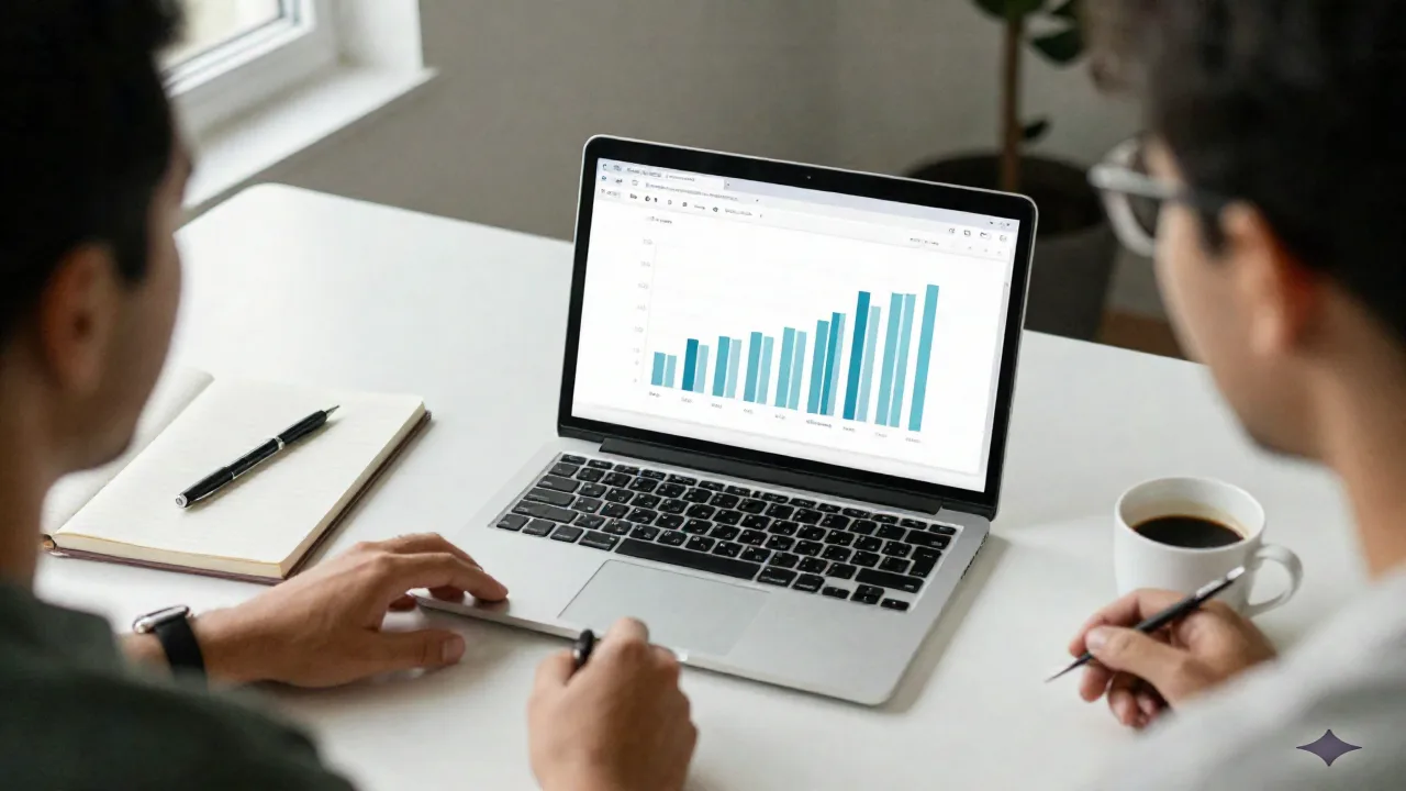 Laptop con un reporte de gráficos de barras al lado de un cuaderno y café en el escritorio de un founder