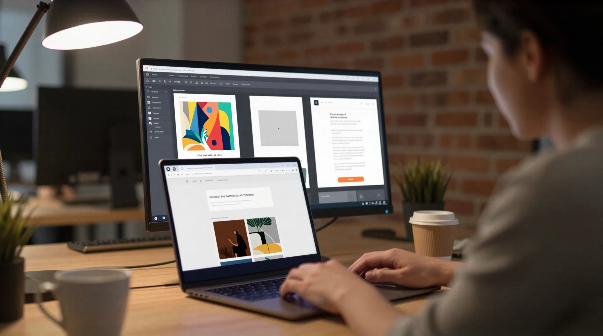Gründer am Laptop mit fertig generierten Outputs: eine Folie, ein Poster, ein Webseiten-Mockup und ein Dokument – ohne Design-Team