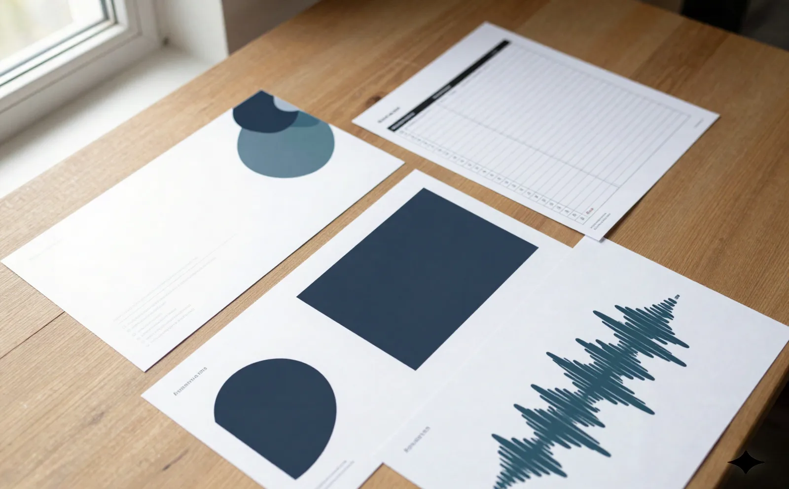 Flat lay of printed mockups: a slide page, a spreadsheet, a poster graphic and a podcast waveform, produced by different specialized agents from a single prompt