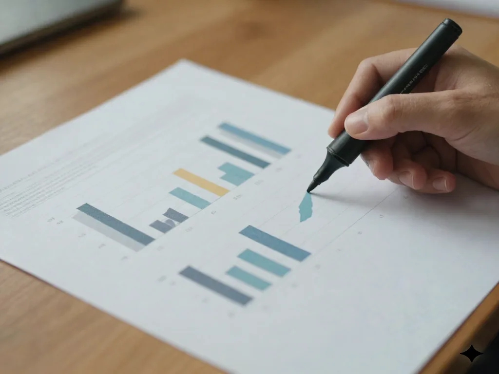 Hand holding a printed report with bar charts and a highlighter