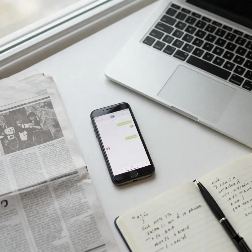 ラップトップ、新聞、ぼやけたチャット画面を映すスマートフォンがデスクに置かれている