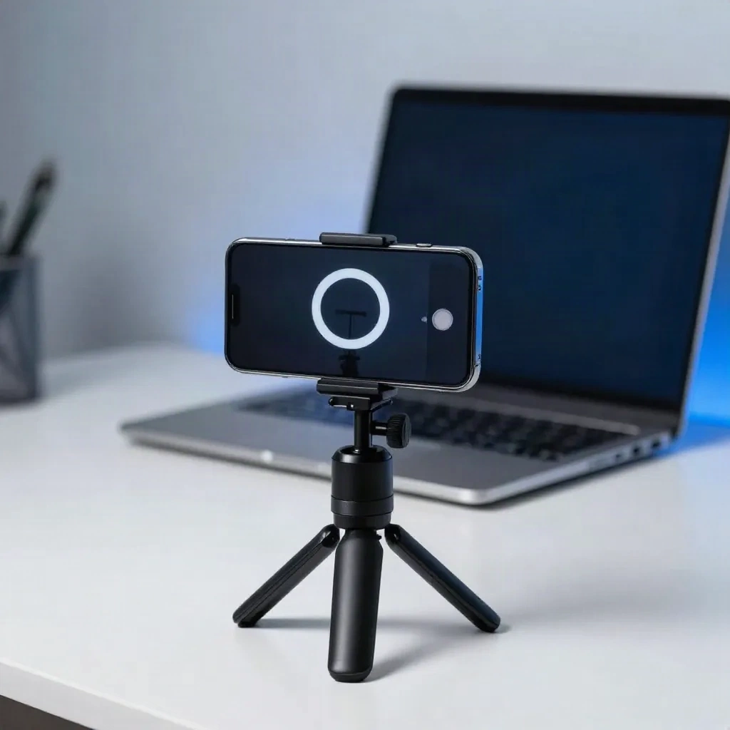 Smartfon video setup ze świetlnym pierścieniem dla AI-wspomaganego tworzenia treści