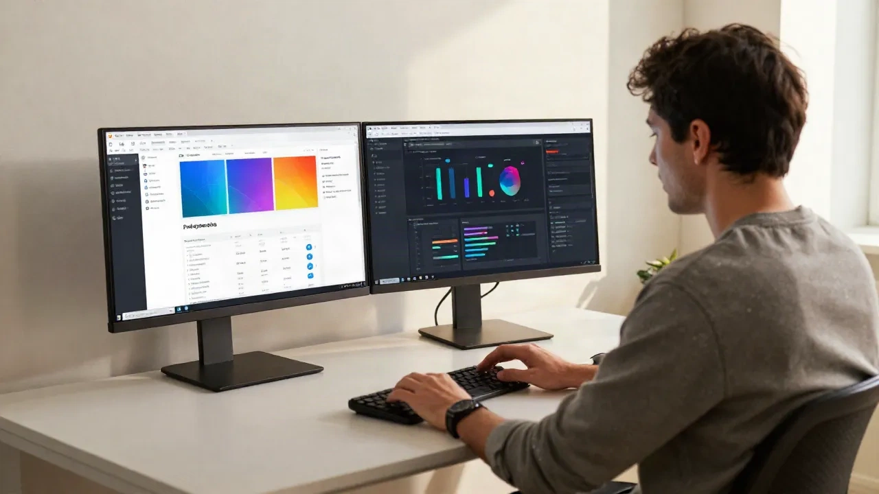 Founder usando ferramentas de marketing com IA em desk moderno com dashboards de análise