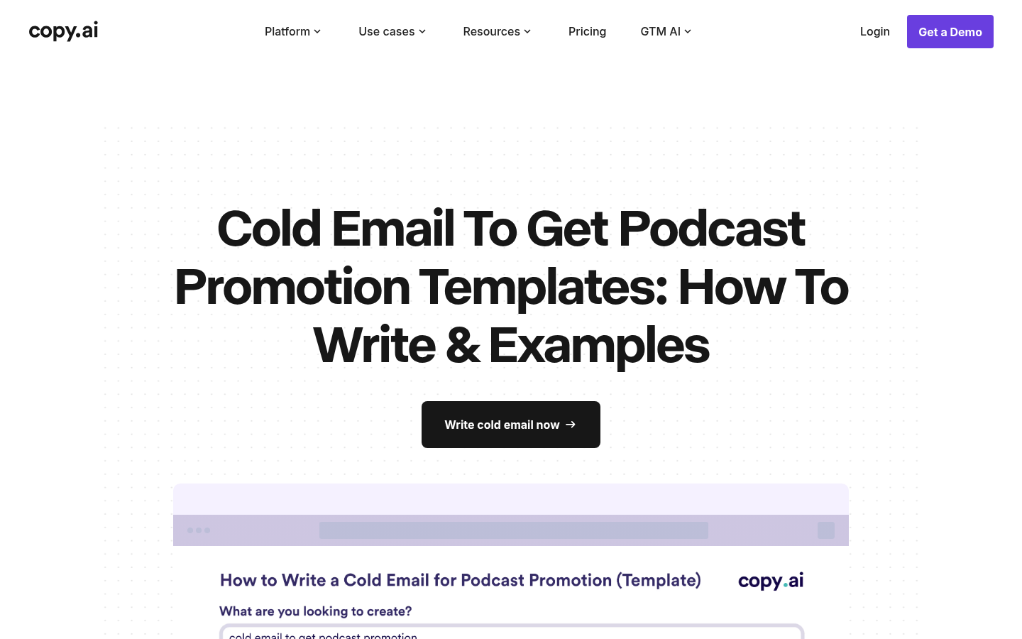 Copy.ai's Cold Email to Get Podcast Promotion template page
