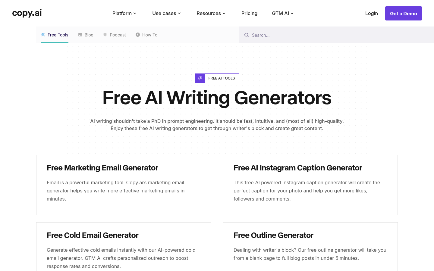 Copy.ai's free AI writing generator tools page, home of the Sales Copy and related generators