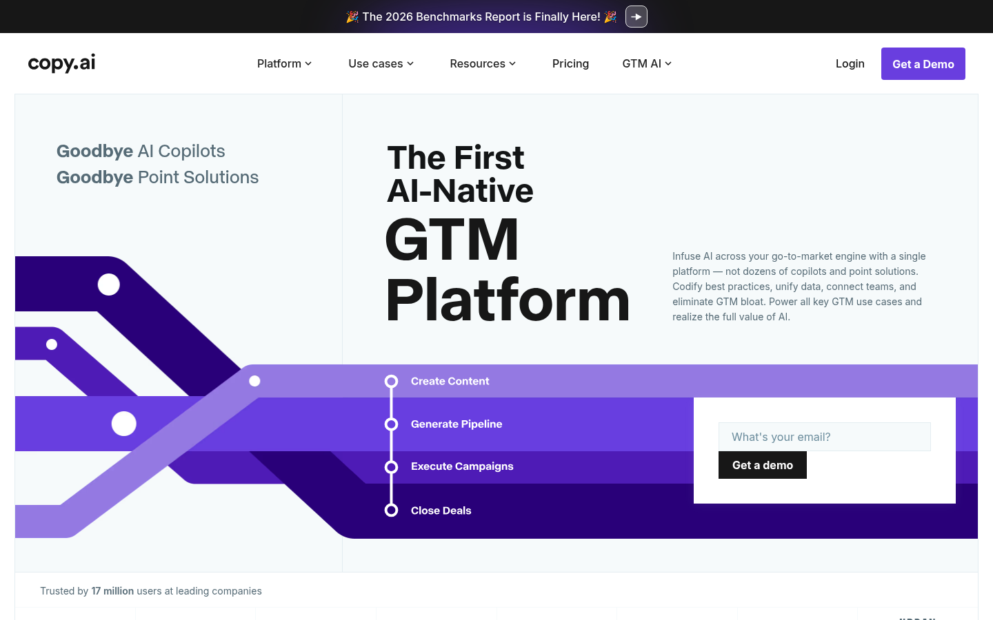 Copy.ai Startseite Screenshot: GTM KI-Plattform Hero-Bereich