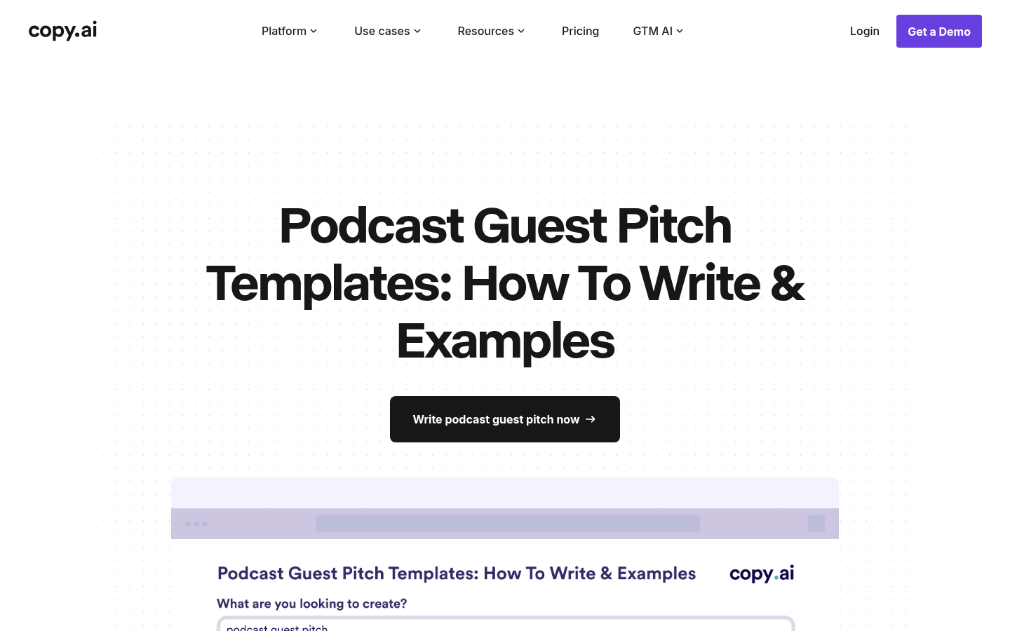Copy.ai's Podcast Guest Pitch template page