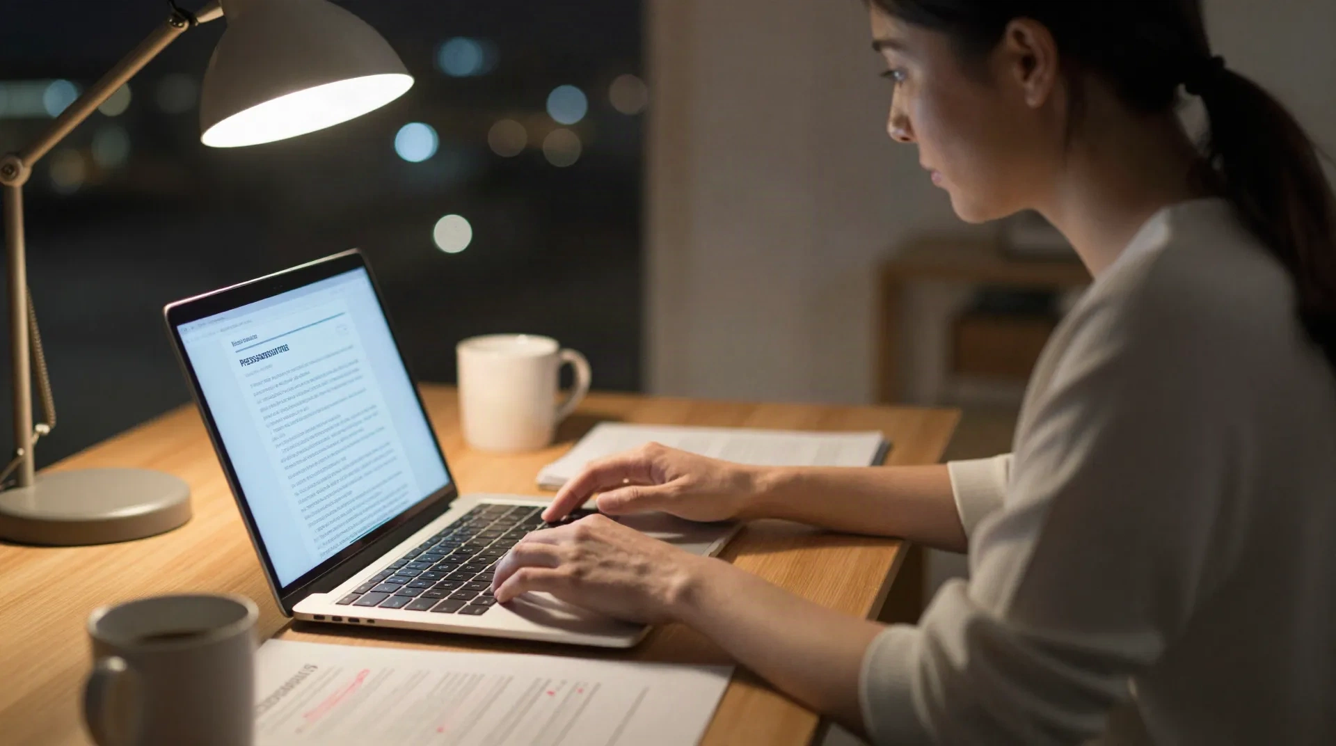 Un fundador editando un borrador de nota de prensa en la laptop de noche, copia impresa con ediciones en rojo sobre el escritorio