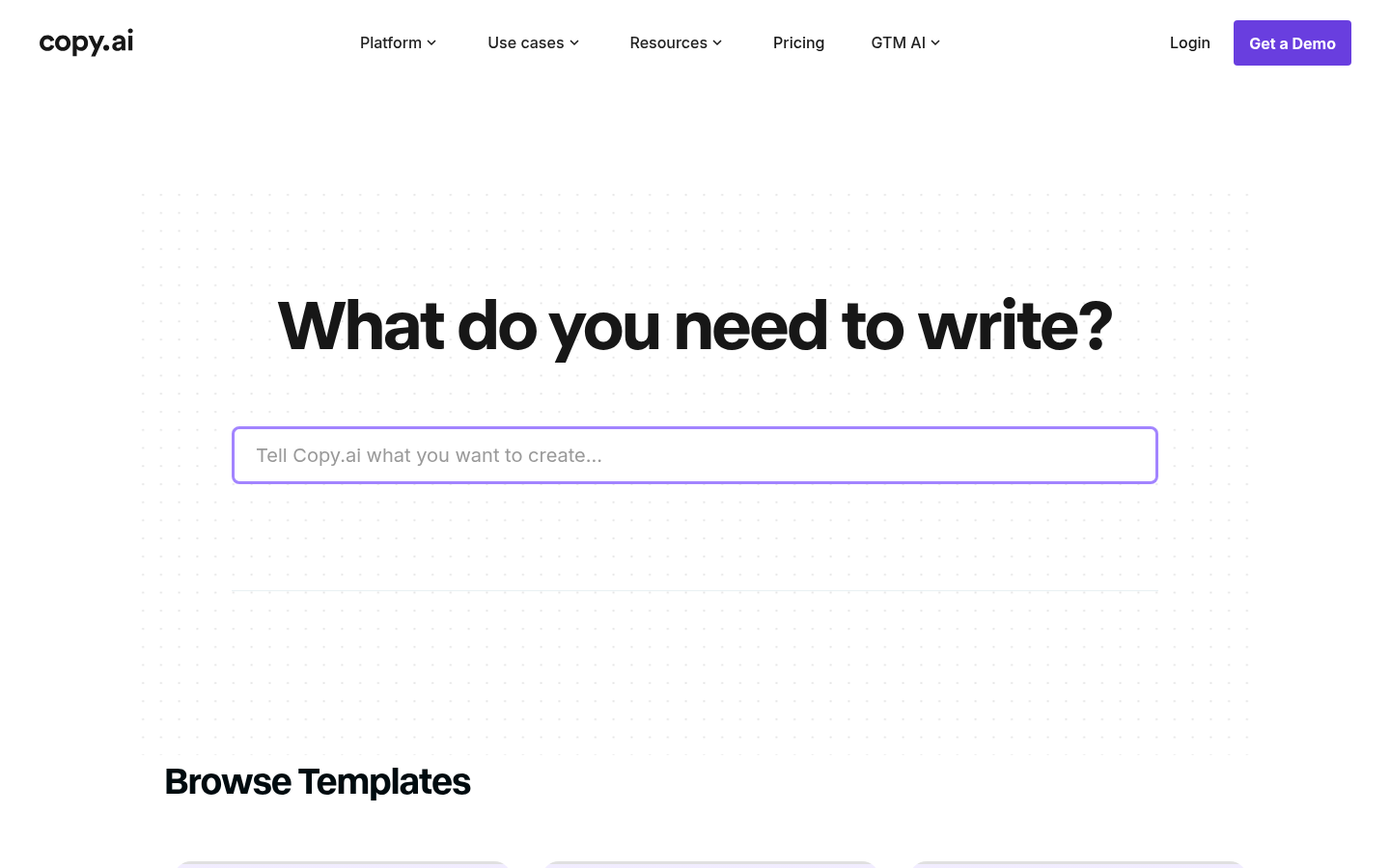 Copy.ai's AI writing templates library, where the Blog Post Wizard lives