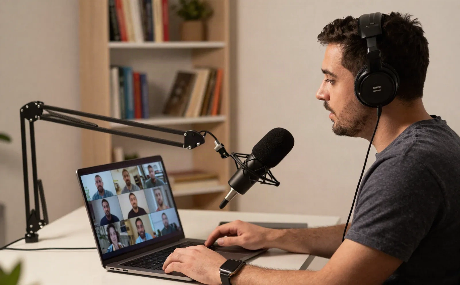Founder mit Kopfhörern nimmt Remote-Podcast-Interview auf, Mikrofon auf Boom Arm, Laptop Videokonferenz