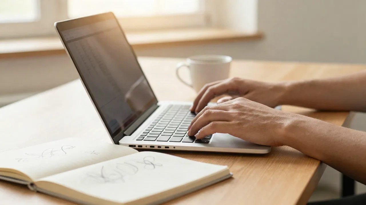 Founder typing on a laptop next to a notebook, drafting a startup tagline