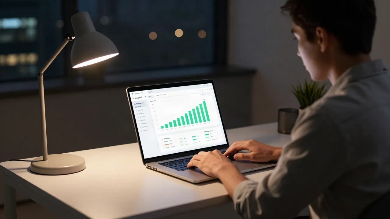 Founder startup che lavora sulla strategia di content marketing con IA a tarda sera