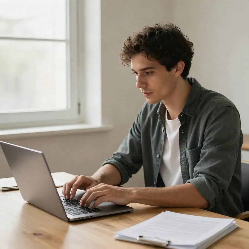Startup founder typing an email pitch on a laptop at home office desk