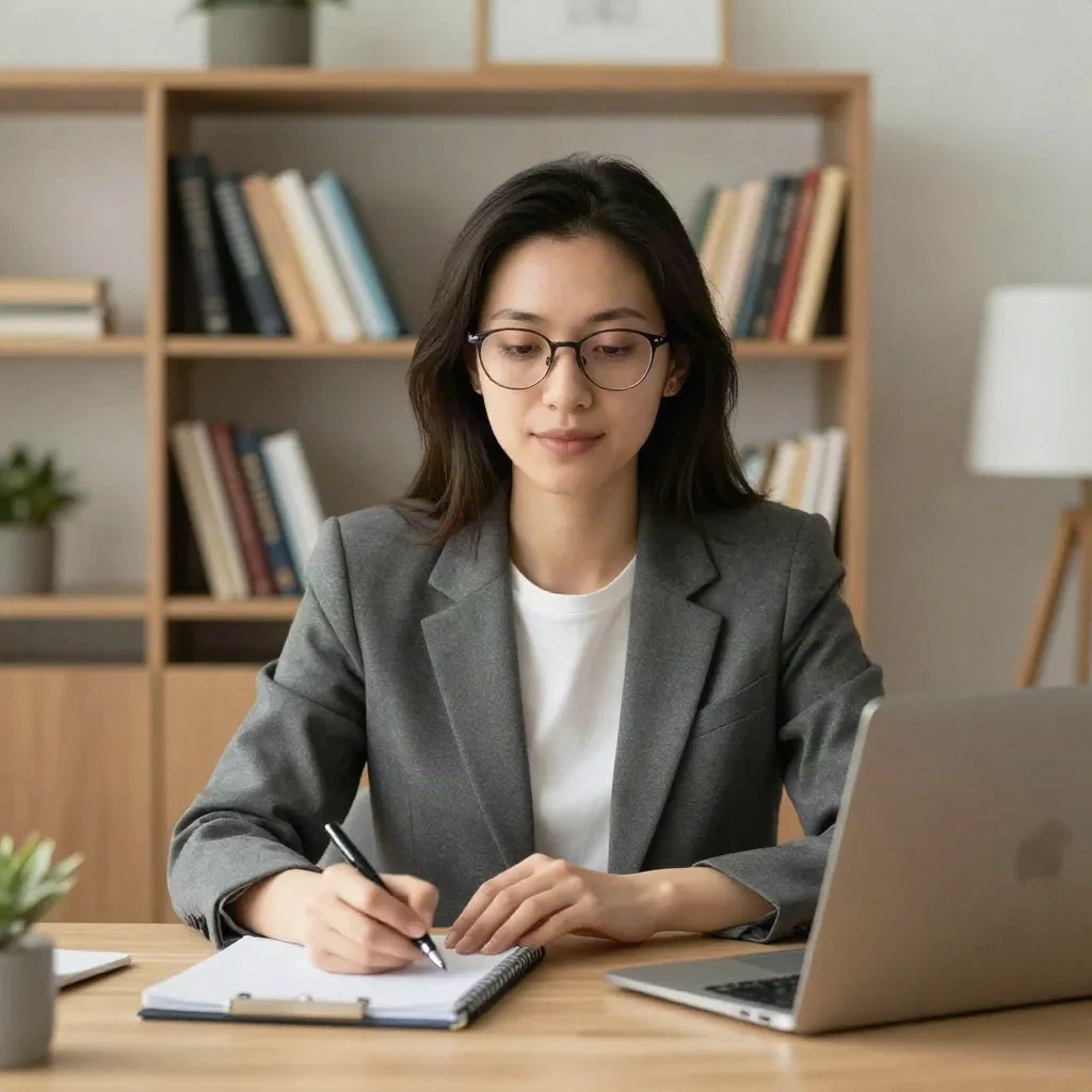 Founder on a video call with a journalist, notebook and pen visible on desk