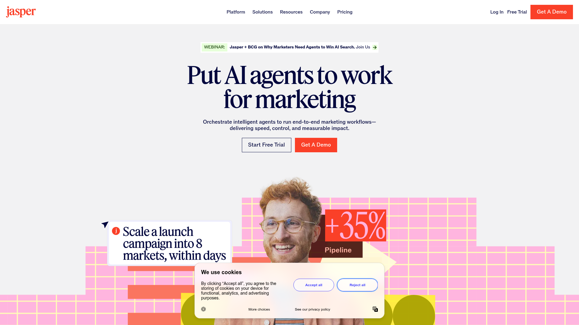 Screenshot della homepage di Jasper AI, Settembre 2026, che mostra la sezione hero degli agent AI per il marketing