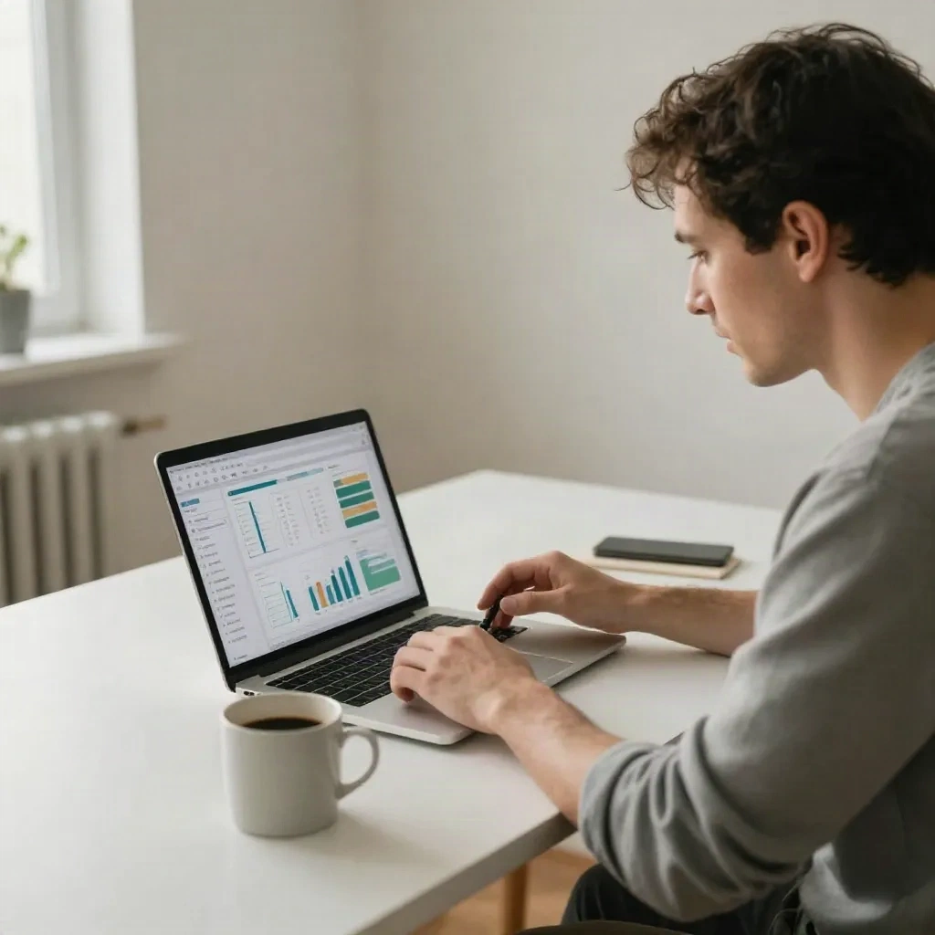 Founder reviewing marketing automation metrics and conversion data on laptop