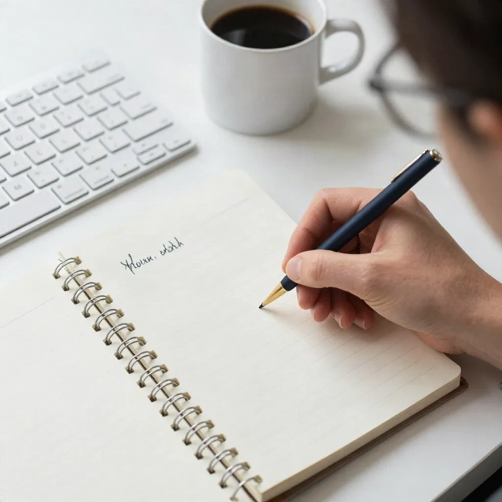 Person writing pitch notes on a notepad beside a keyboard and coffee