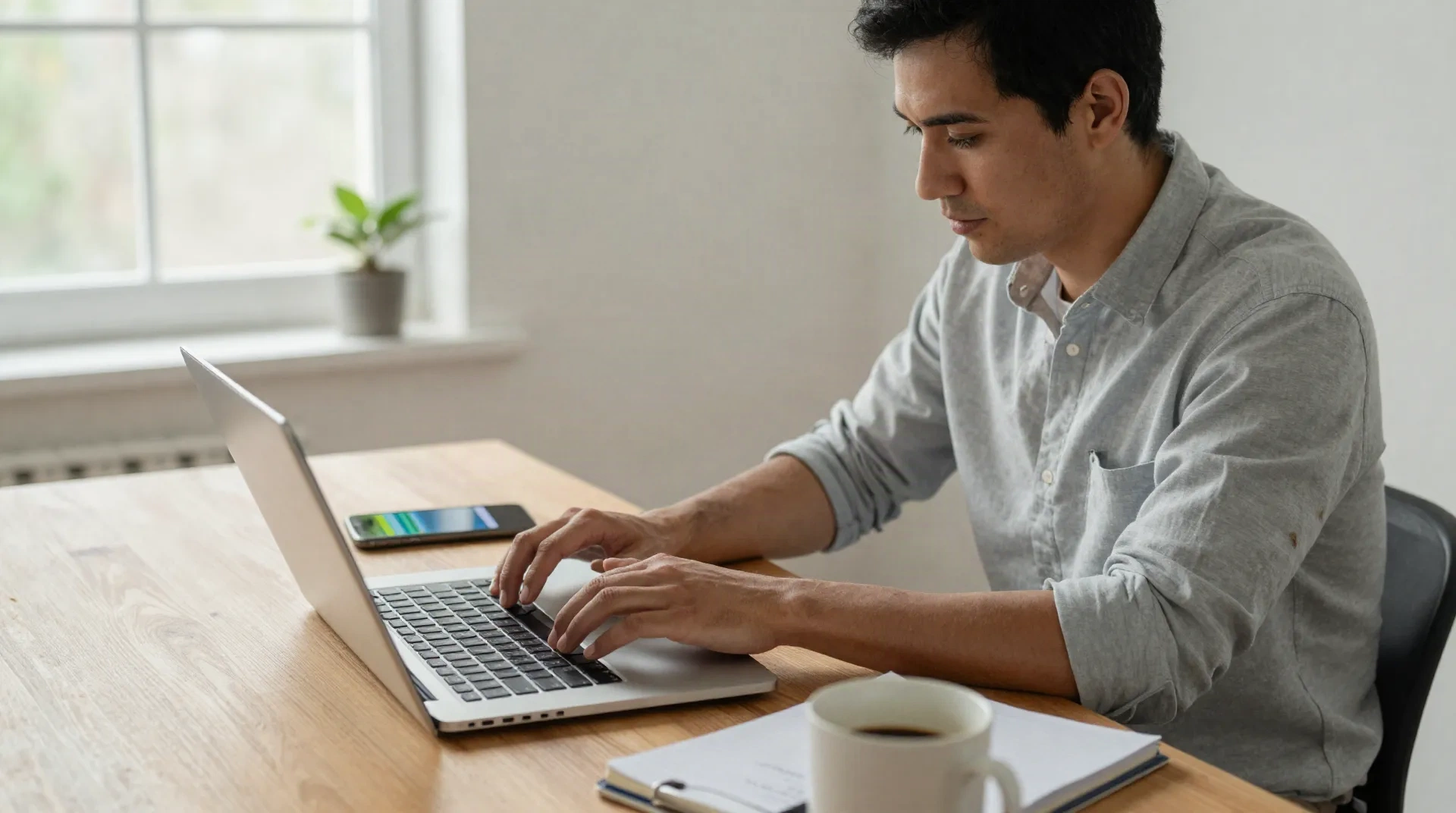 Founder che digita un pitch su un laptop alla scrivania, con telefono e quaderno accanto