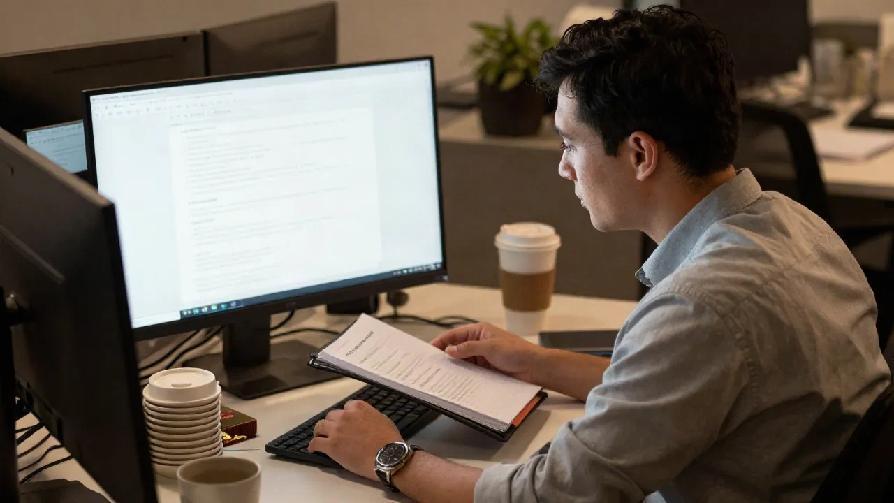 Giornalista che legge email di pitch su un monitor alla scrivania in redazione