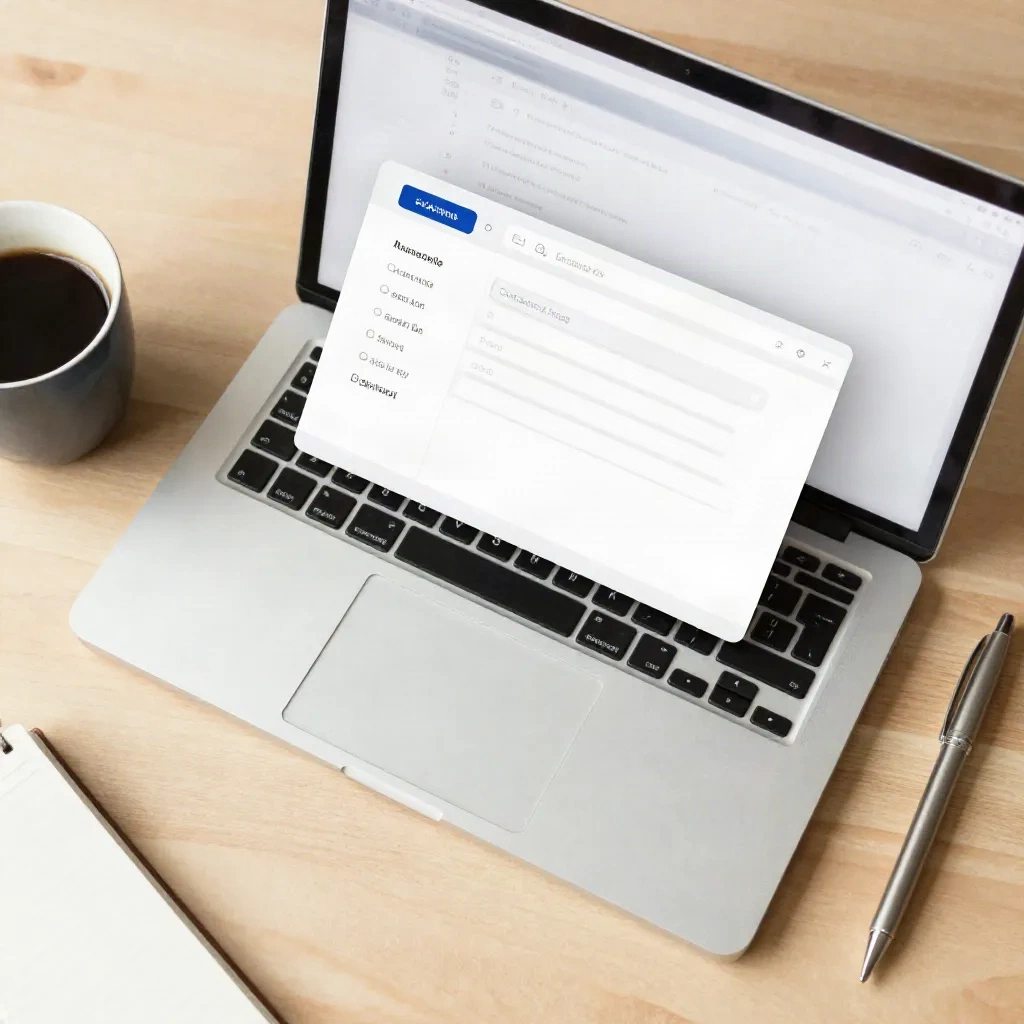 Nahaufnahme von Laptop-Bildschirm mit E-Mail-Fenster und Kaffee, symbolisiert KI-gestützte Pitch-Schreibweise