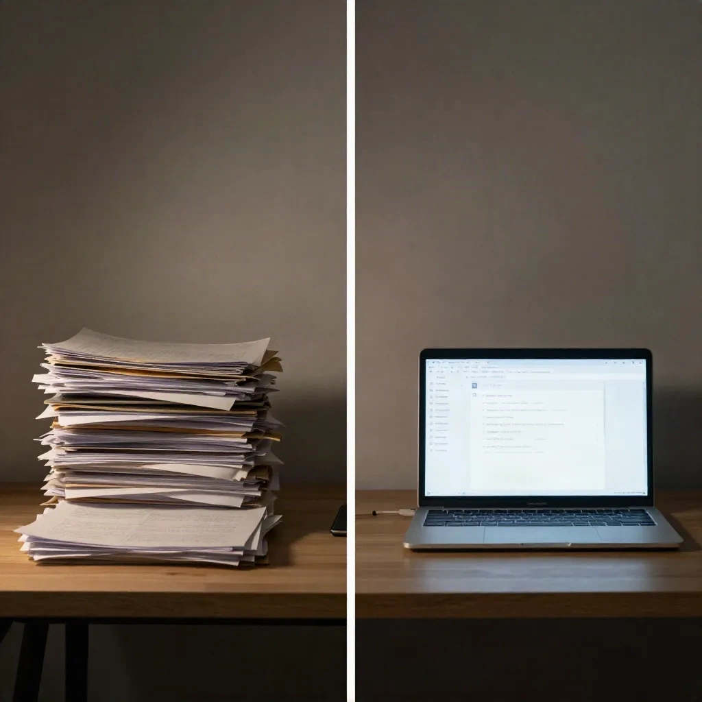 Vergelijking van rommelige traditionele PR-workflow tegenover minimale AI-ondersteunde pitch-workflow bij een bureau