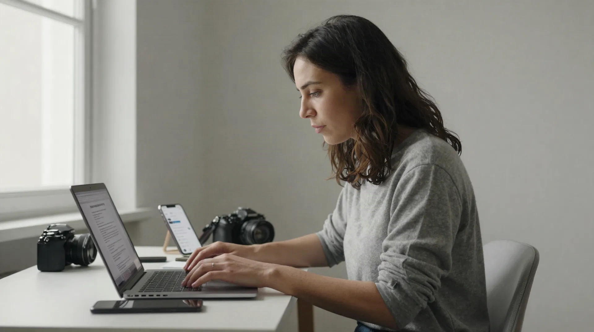 Founder redaguje pitch na laptopie, telefon pokazuje odpowiedzi, sprzęt fotograficzny na biurku
