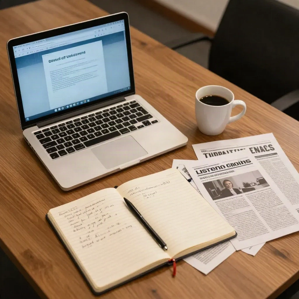Een journalistiekenbureau met laptop, notitieboek en gedrukte artikelen, het medialandschap waarin founders pitches versturen