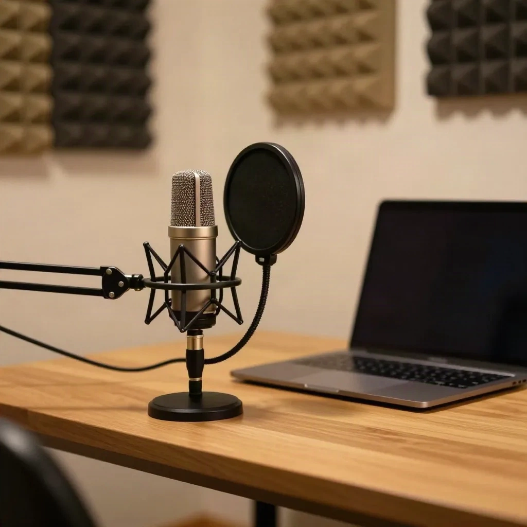Podcast-Recording-Setup mit Mikrofon und Laptop für Gründer Media Appearances