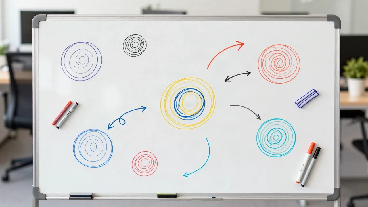 Whiteboard dengan doodle abstrak warna-warni yang mewakili ide brainstorm brand