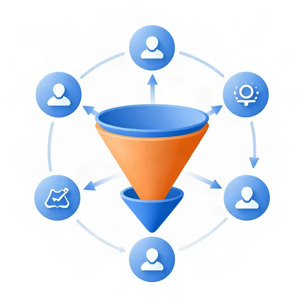 Marketing automation workflow funnel diagram showing lead routing and nurture stages