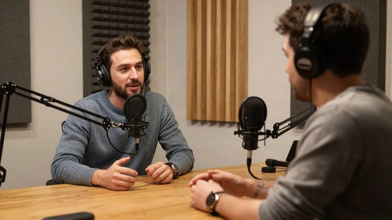 Founder che registra un'intervista per un podcast in uno studio piccolo