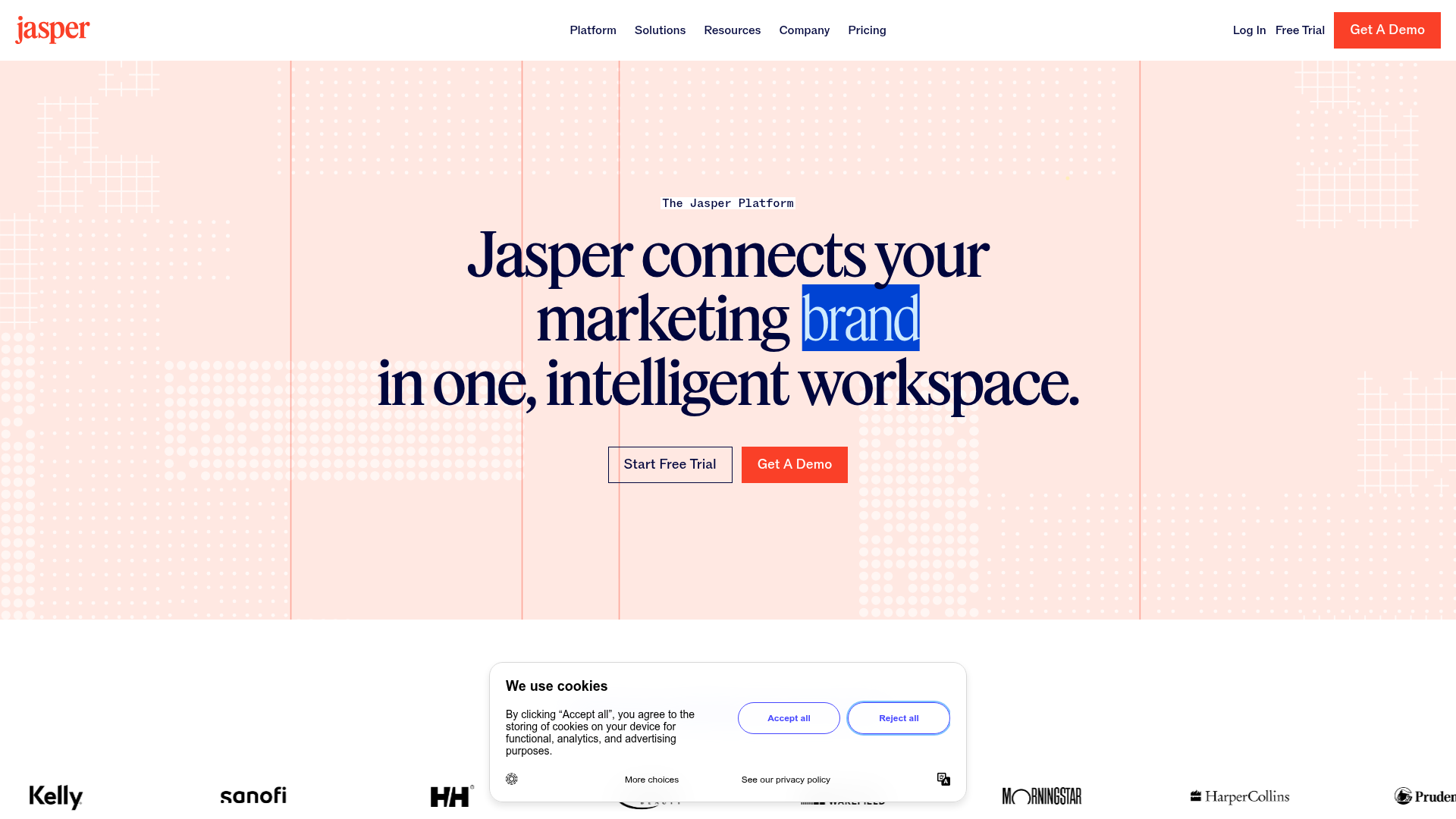 Jasper AI features page showing the Canvas platform and agent navigation