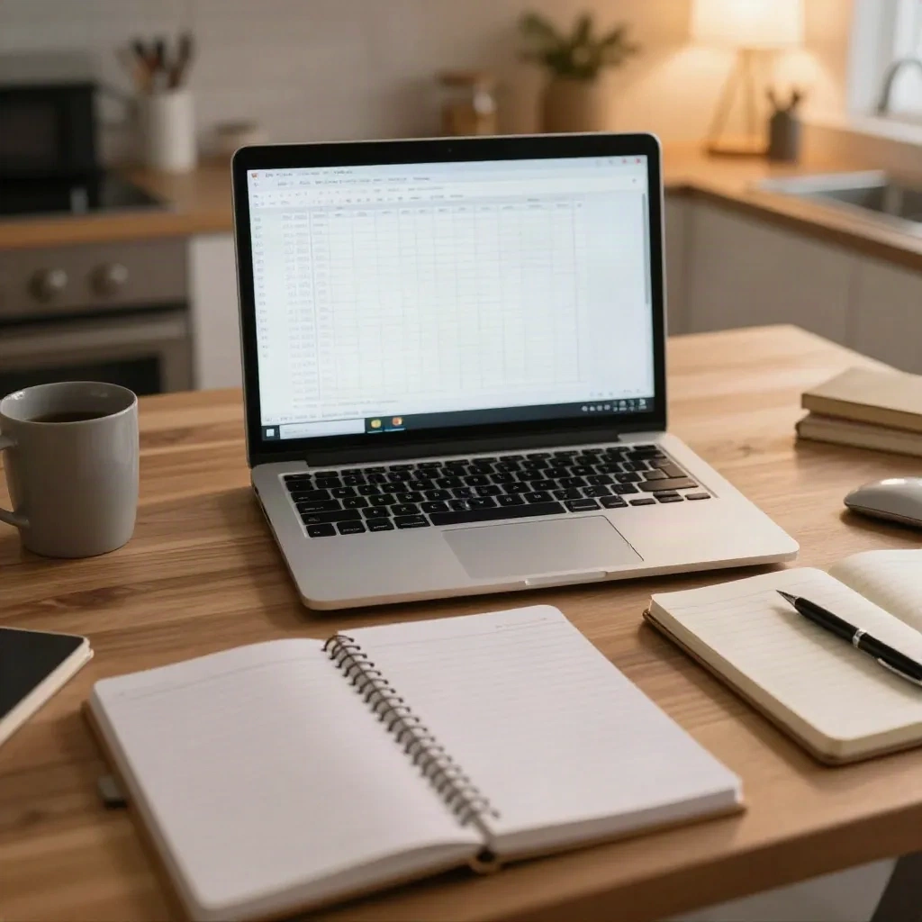 Laptop med ett tomt kalkylblad och en öppen anteckningsbok på ett trädbord