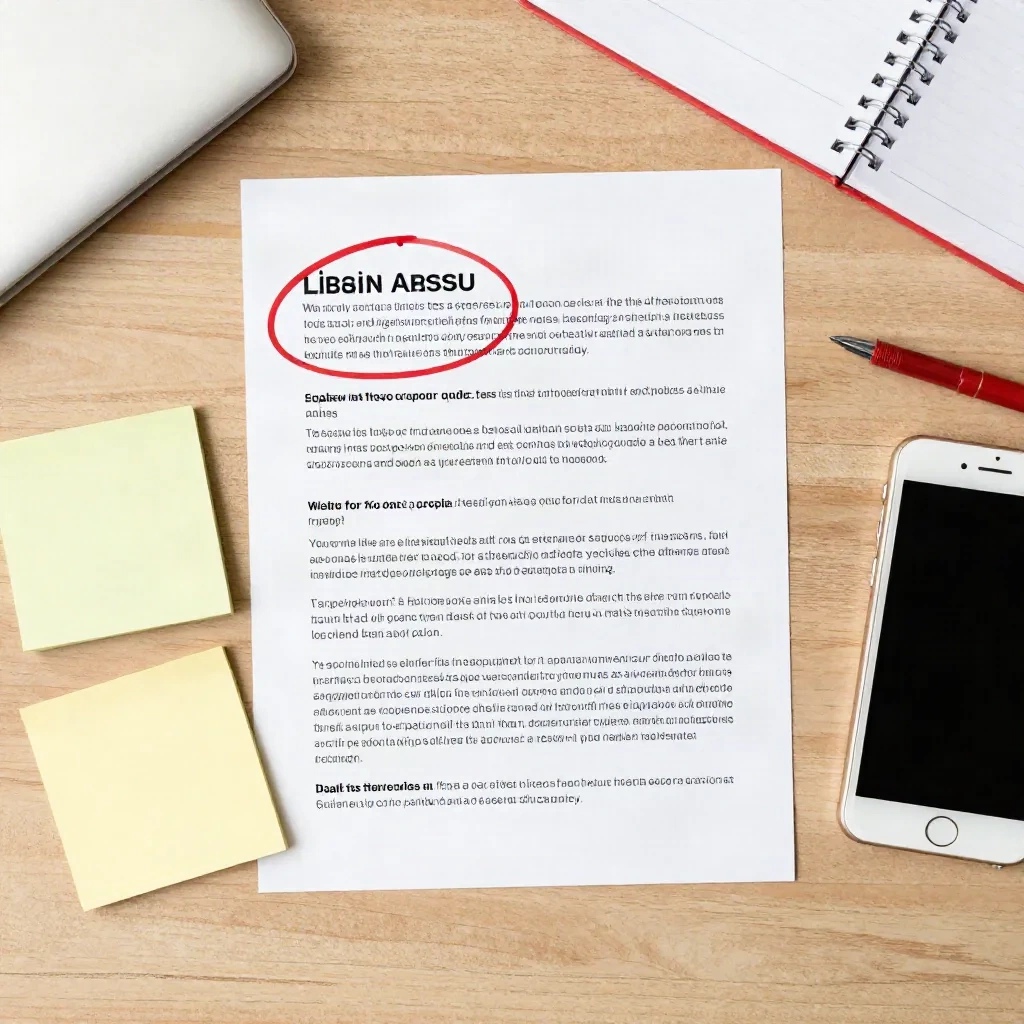 Printed announcement draft with a red pen circling the opening paragraph on a desk
