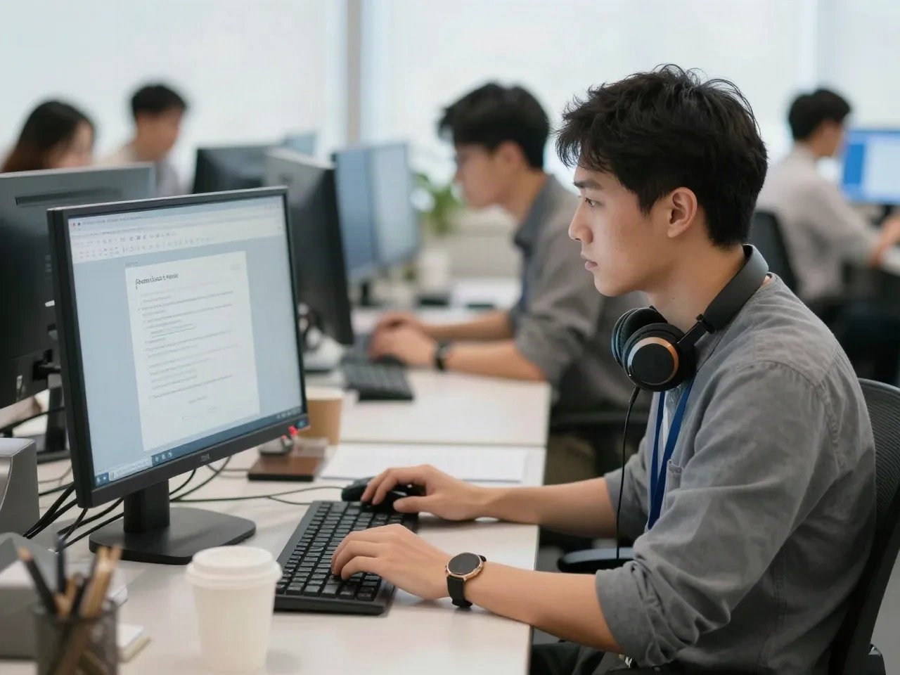 Journalist reading emails at a newsroom desk with headphones