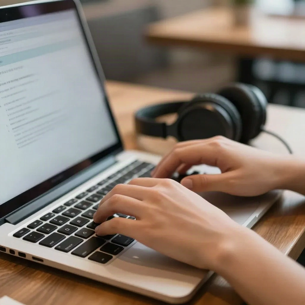 Hands typing a short pitch email on a laptop with headphones resting nearby