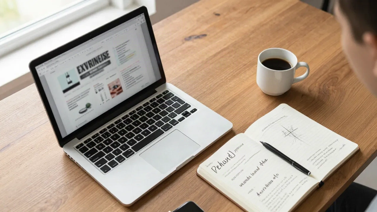 Schreibtisch eines Gründers mit Laptop und einem Notizbuch voller handgeschriebener Entwürfe für Anzeigen-Überschriften