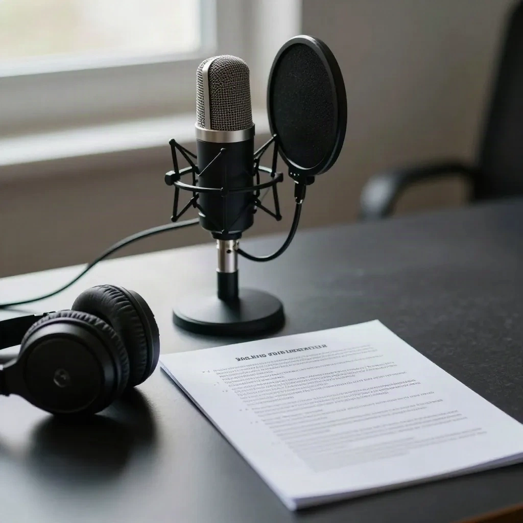 Podcast microphone, headphones and a single page of talking points on a dark desk
