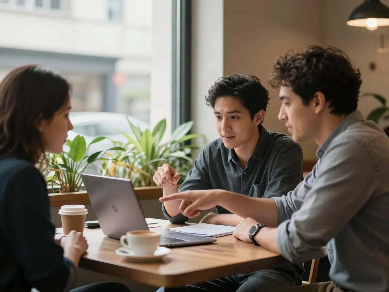 Founders at a cafe table discussing a pitch draft around a laptop