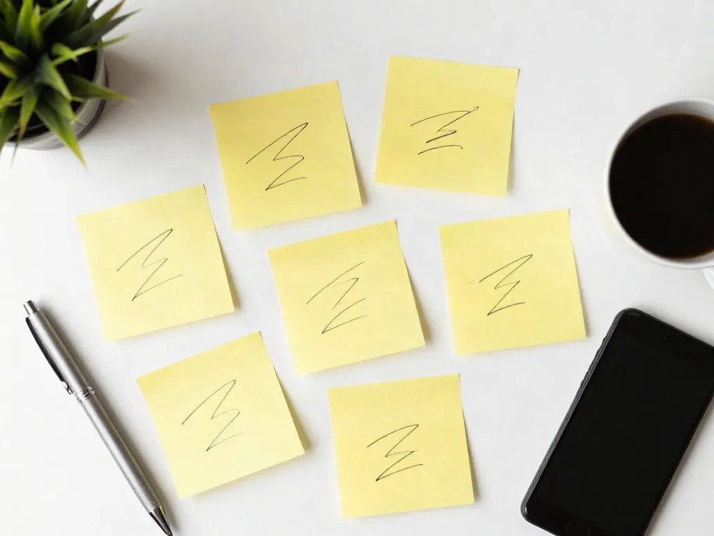 Yellow sticky notes with scribbled headline ideas on a white desk