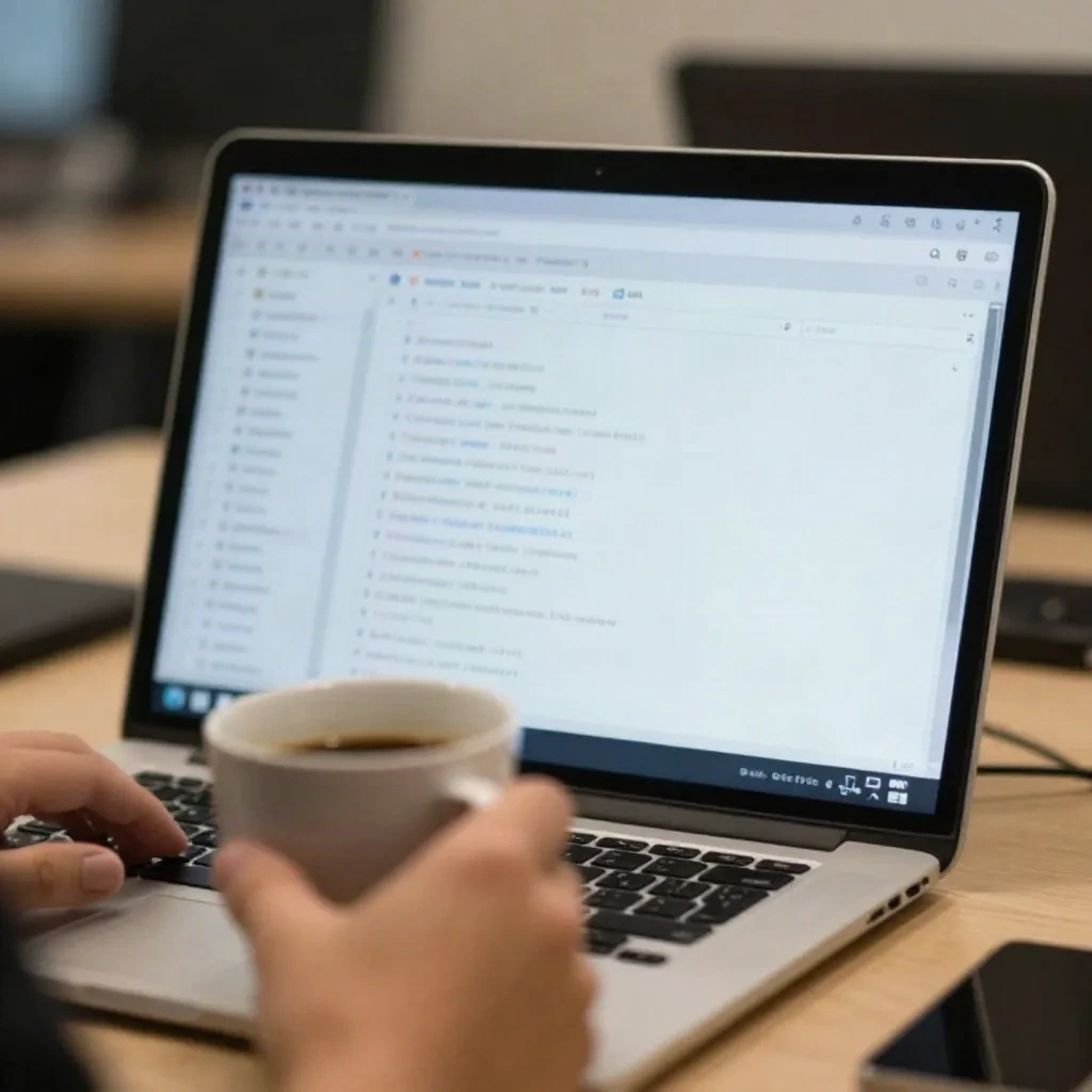 Hand holding a coffee cup in front of a laptop showing a crowded inbox