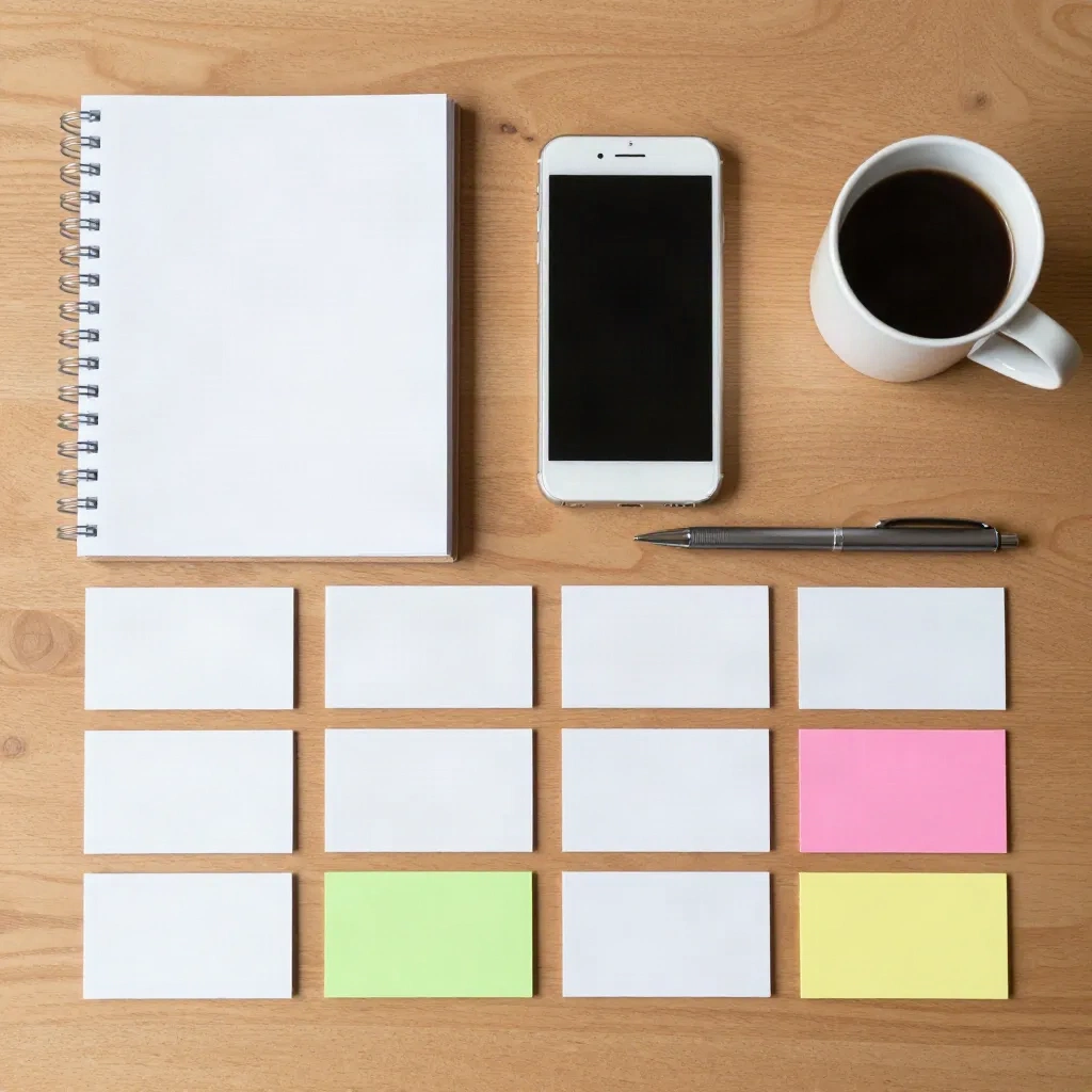 Desk flat-lay of blank index cards laid out in a grid to sort a podcast shortlist