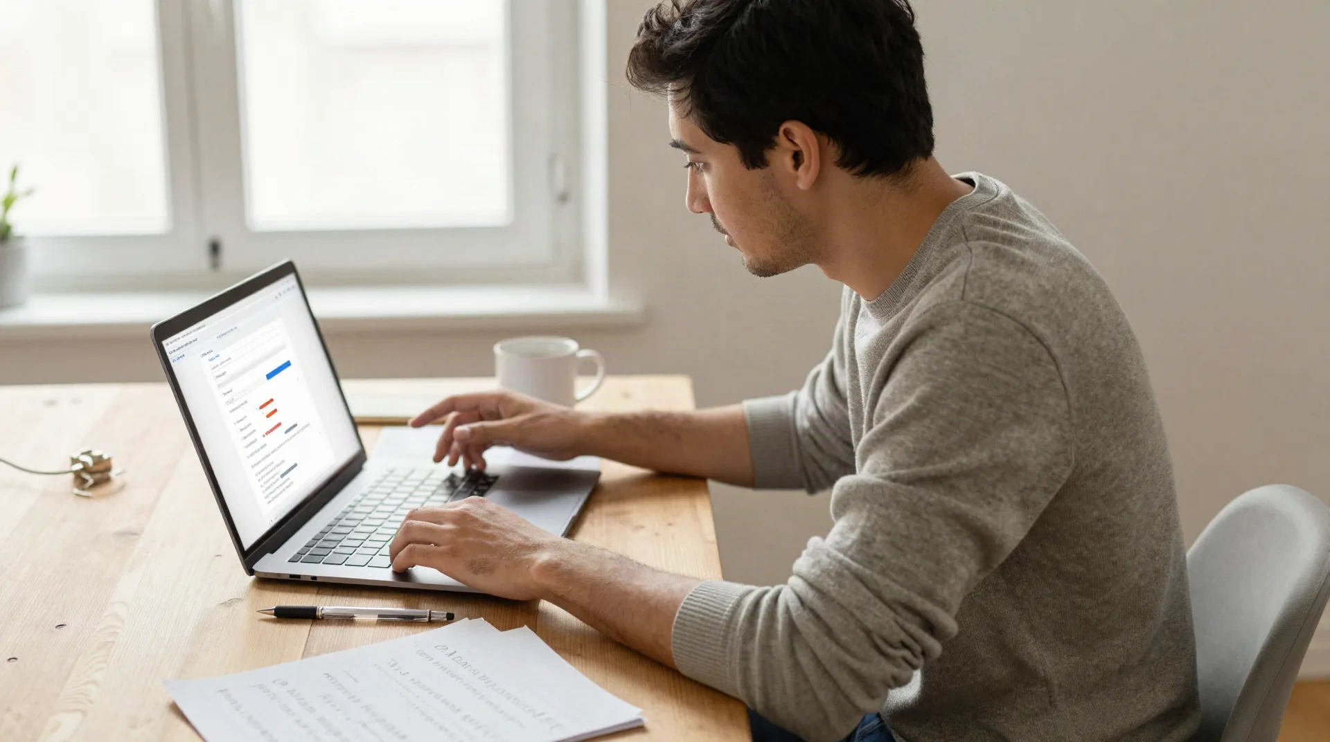 Founder editing an AI-drafted email on a laptop at a wooden desk