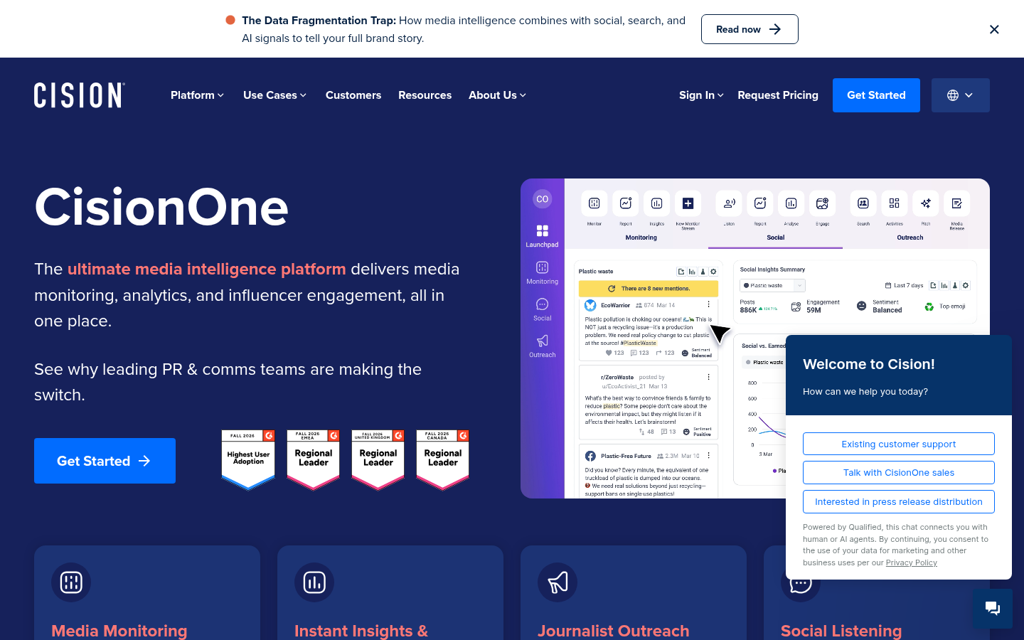 Cision homepage showing the CisionOne media intelligence platform and a Request Pricing button instead of a price list