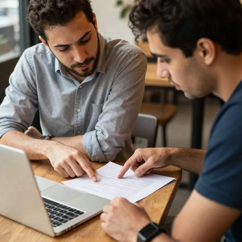 Two founders reviewing a printed press release draft together at a cafe table