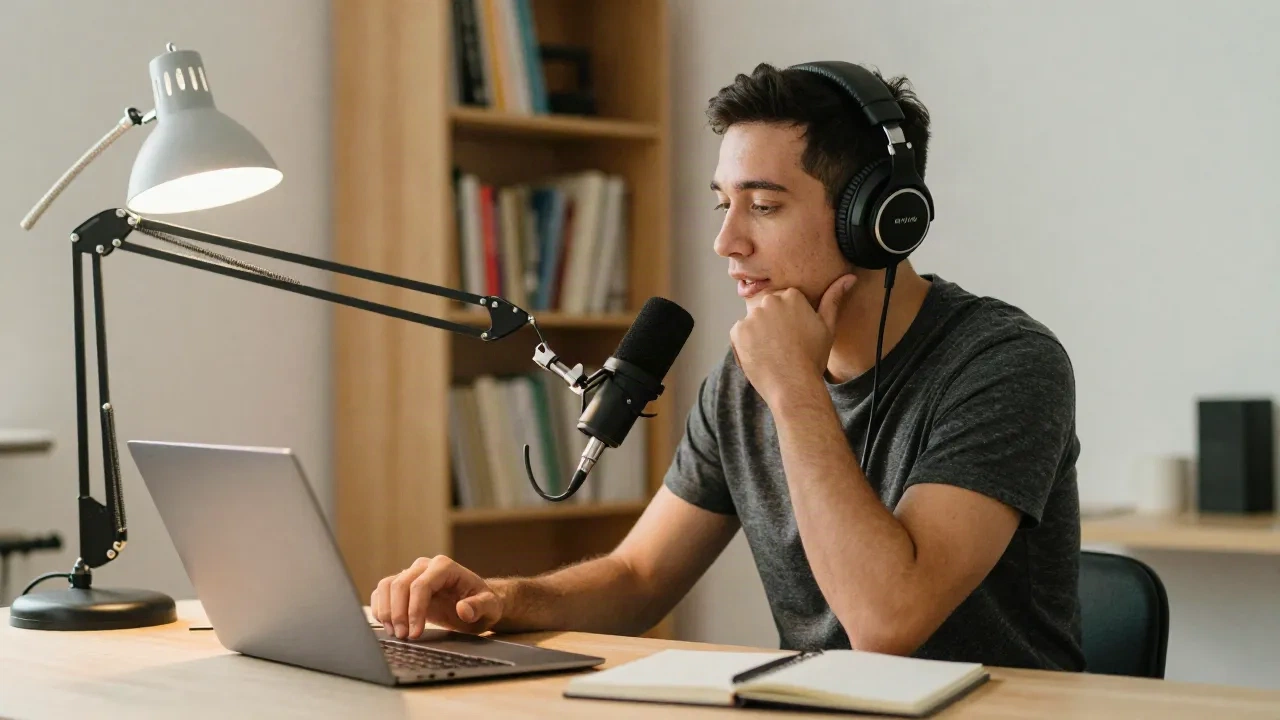 Founder z słuchawkami i mikrofonem na wysięgniku nagrywający rozmowę podcastu z domowego biurka