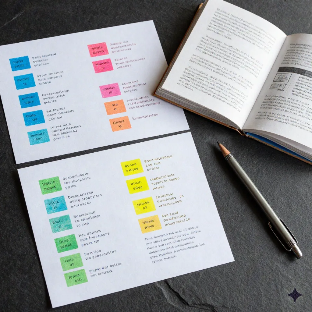 Flat-lay of printed video prompt sheets and storyboard notes on dark slate surface