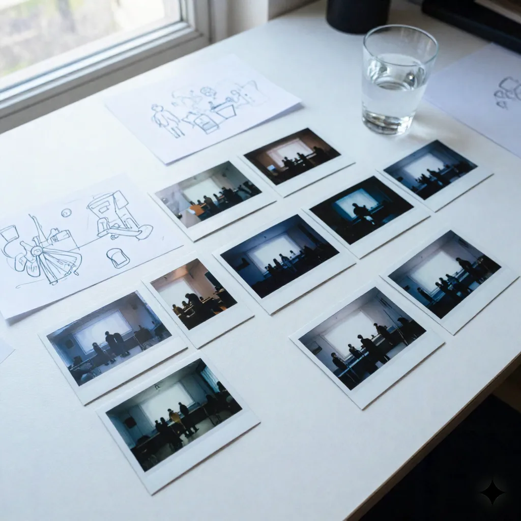 Overhead view of polaroid video scenes arranged like a storyboard on a creative studio table