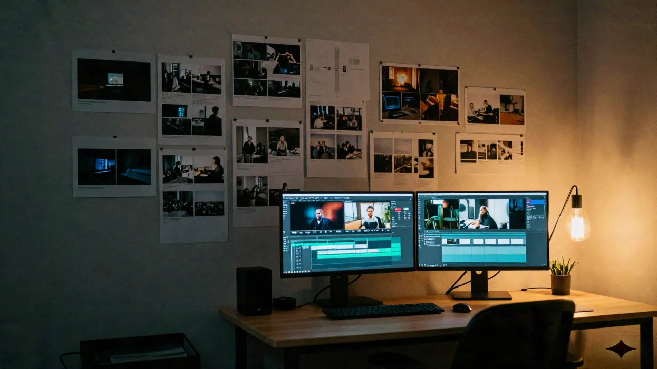 Art director workspace at night surrounded by AI video storyboards and moodboards