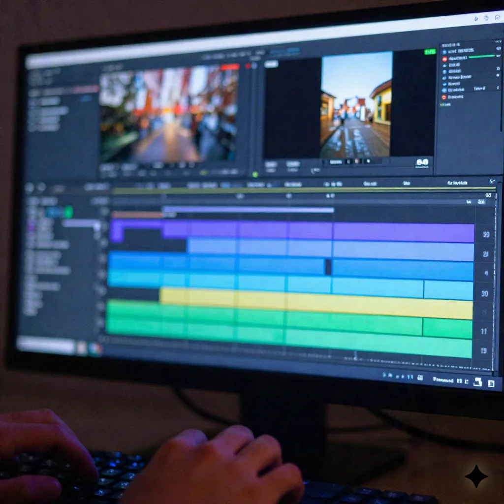 Close-up of video editing timeline on monitor with hands on keyboard in blue screen glow
